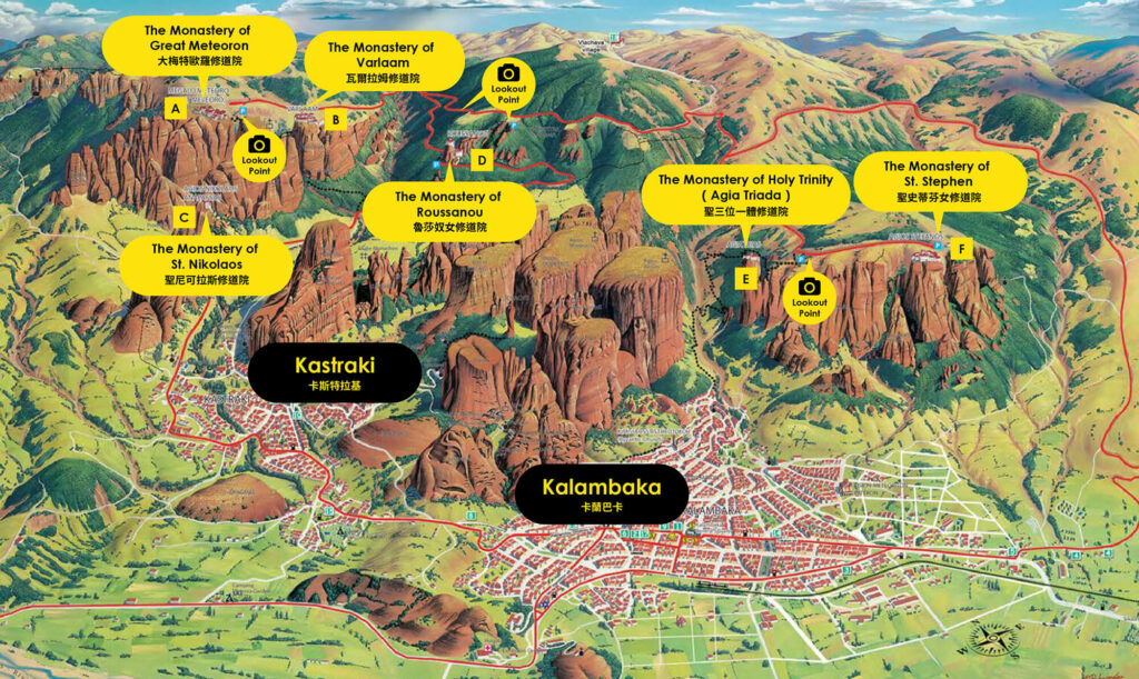 地圖。Map。修道院位置圖｜梅特歐拉 Meteora 希臘百年天空之城｜6 大修道院參觀時間、注意事項